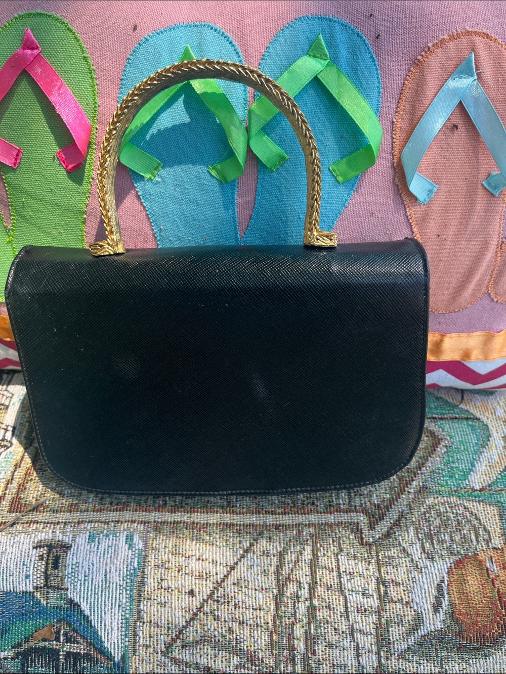 Structured Black Mini Handbag with Gold Braided Top Handle
